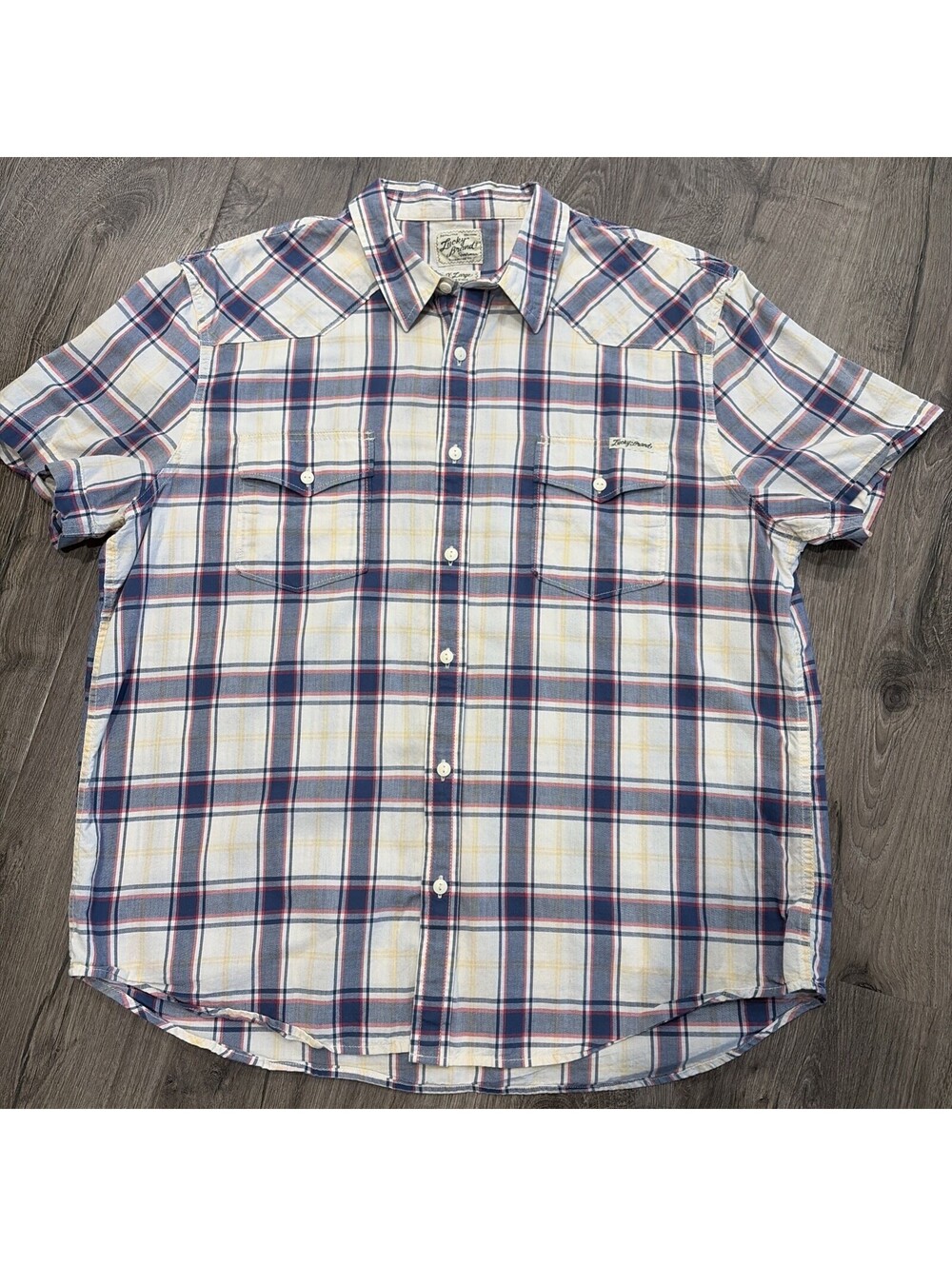 Lucky Brand Men's Shirt XL Western, Plaid, Button Down Collared,Beige, Blue, Red
